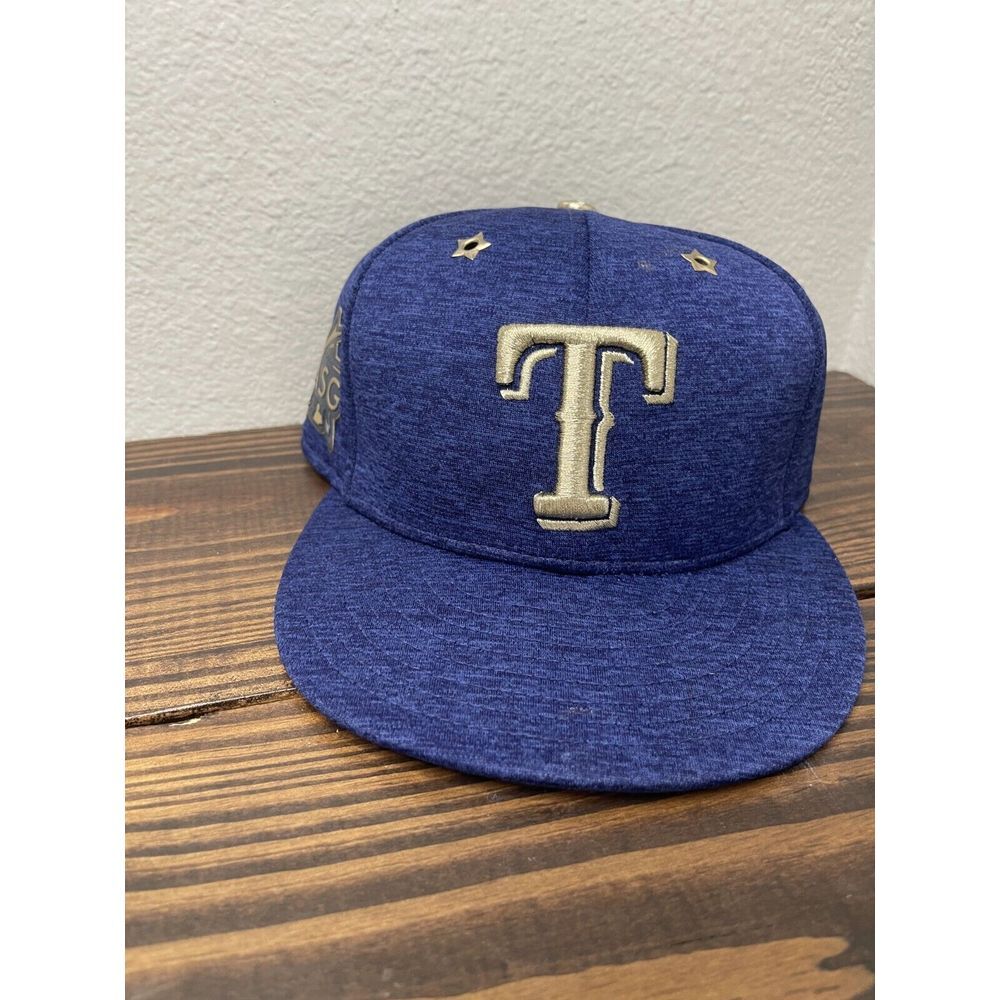 2017 ASG New Era Fitted Baseball Hat Blue/Gold Texas Rangers Cap Size 7 3/8